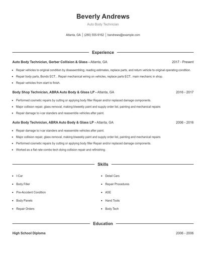 Auto Body Technician Resume