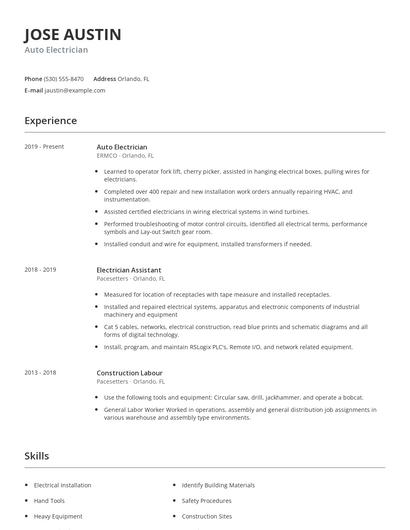 Auto Electrician Resume