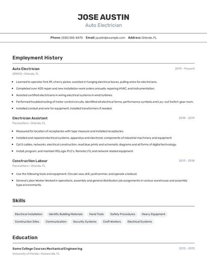 Auto Electrician Resume