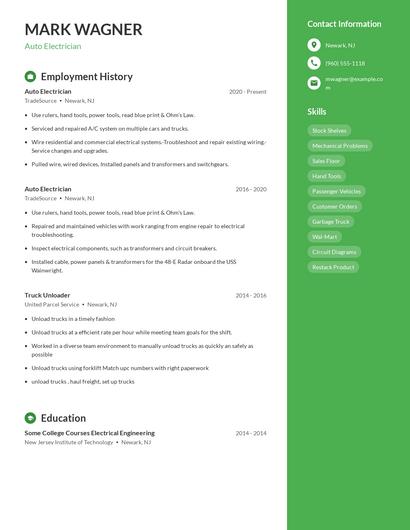 Auto Electrician Resume