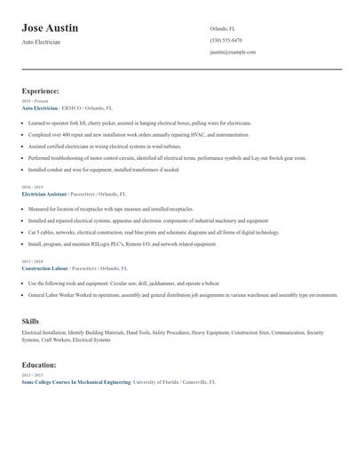 Auto Electrician Resume