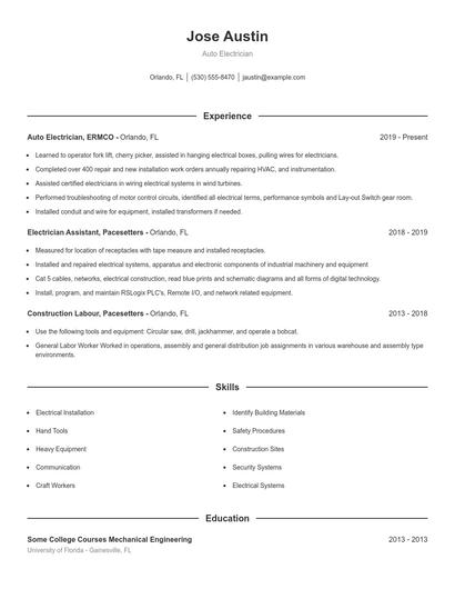 Auto Electrician Resume