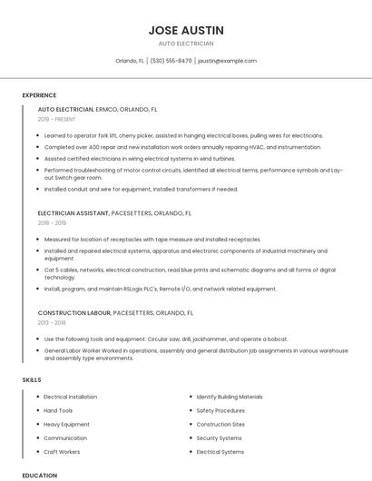 Auto Electrician Resume