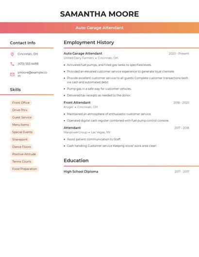 Auto Garage Attendant Resume