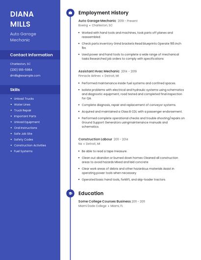 Auto Garage Mechanic Resume