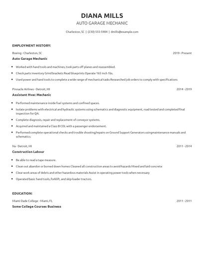 Auto Garage Mechanic Resume