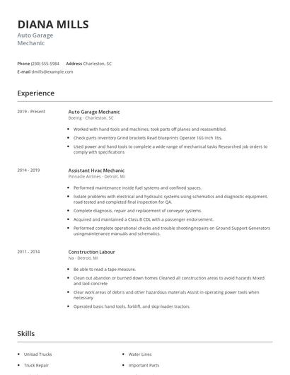 Auto Garage Mechanic Resume