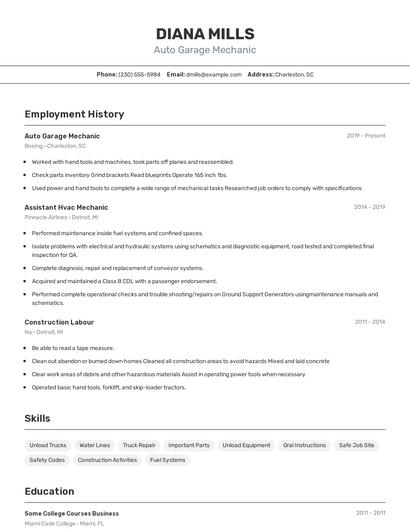 Auto Garage Mechanic Resume