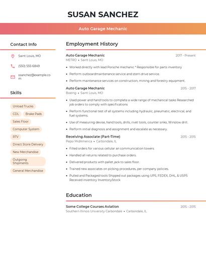 Auto Garage Mechanic Resume