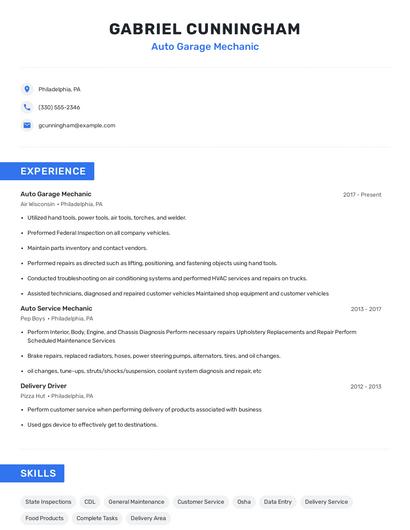 Auto Garage Mechanic Resume