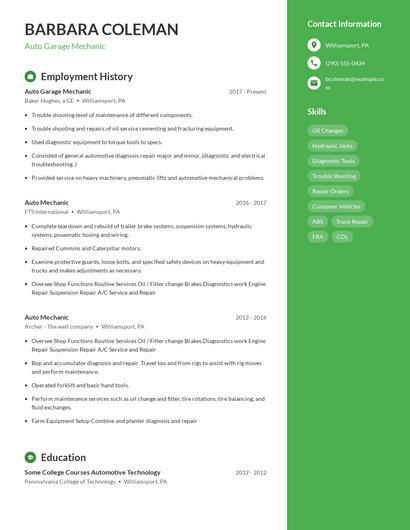 Auto Garage Mechanic Resume