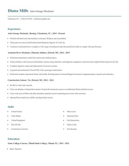 Auto Garage Mechanic Resume