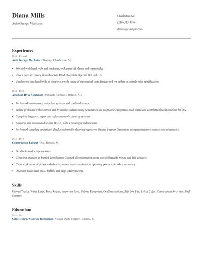 Auto Garage Mechanic Resume