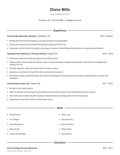 Auto Garage Mechanic Resume