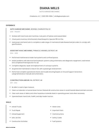 Auto Garage Mechanic Resume