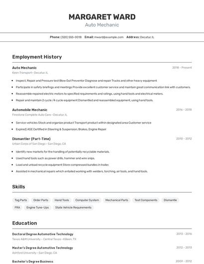 Auto Mechanic Resume