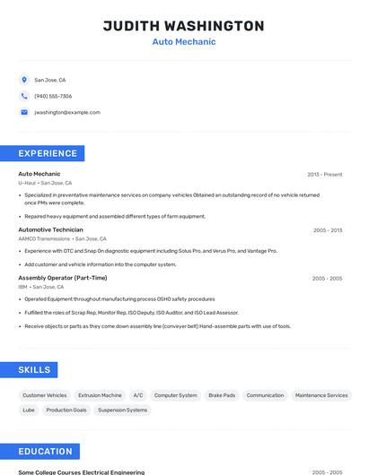 Auto Mechanic Resume