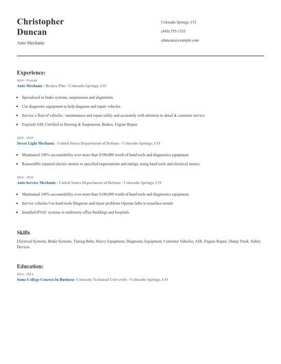 Auto Mechanic Resume