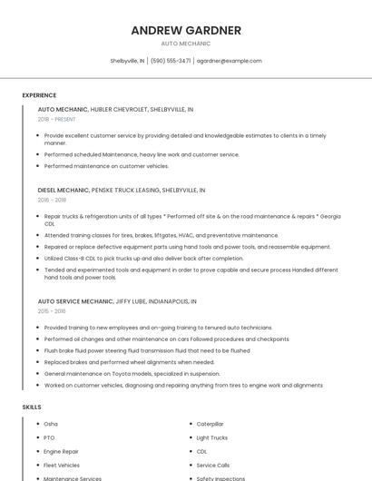 Auto Mechanic Resume