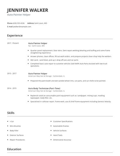 Auto Painter Helper Resume