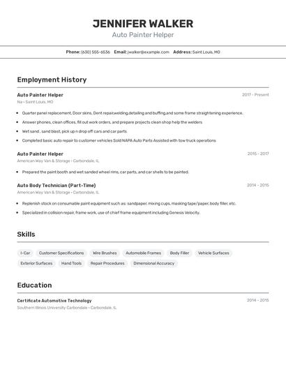 Auto Painter Helper Resume