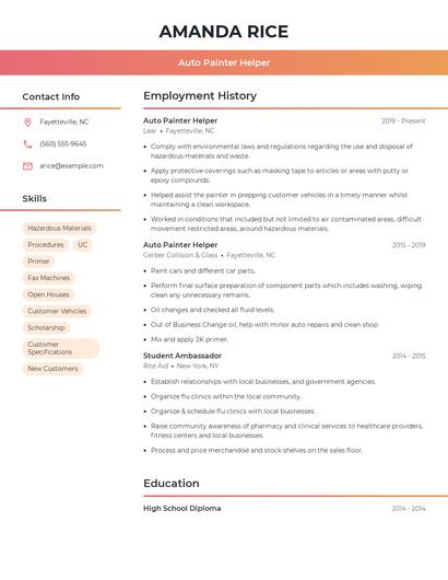 Auto Painter Helper Resume