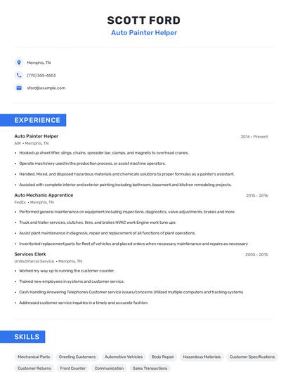 Auto Painter Helper Resume