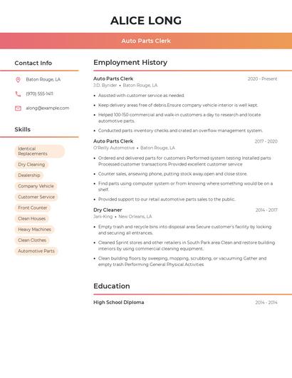 Auto Parts Clerk Resume
