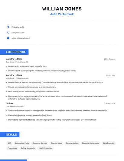 Auto Parts Clerk Resume