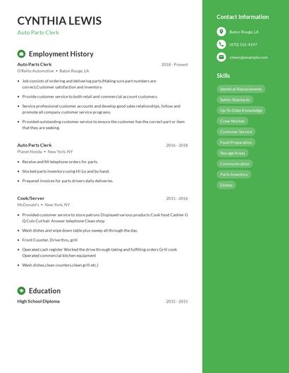 Auto Parts Clerk Resume