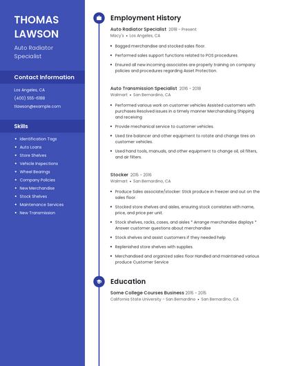 Auto Radiator Specialist Resume