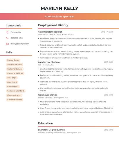 Auto Radiator Specialist Resume