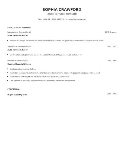 Auto Service Advisor Resume