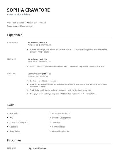 Auto Service Advisor Resume