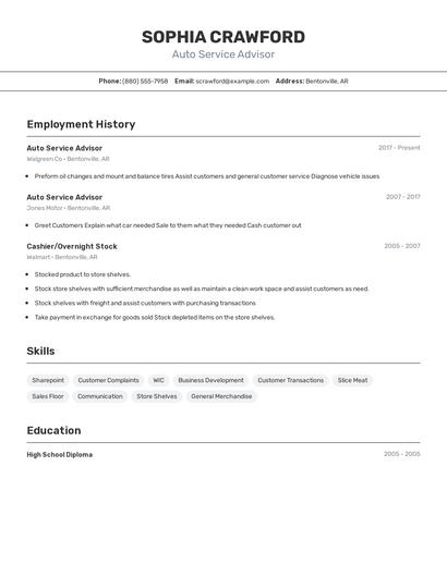 Auto Service Advisor Resume