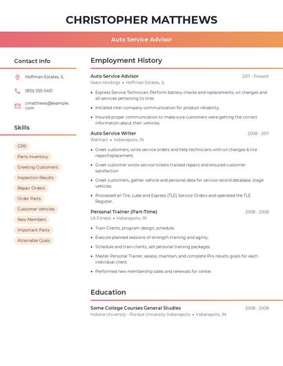 Auto Service Advisor Resume