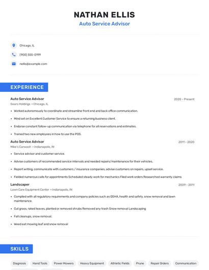 Auto Service Advisor Resume
