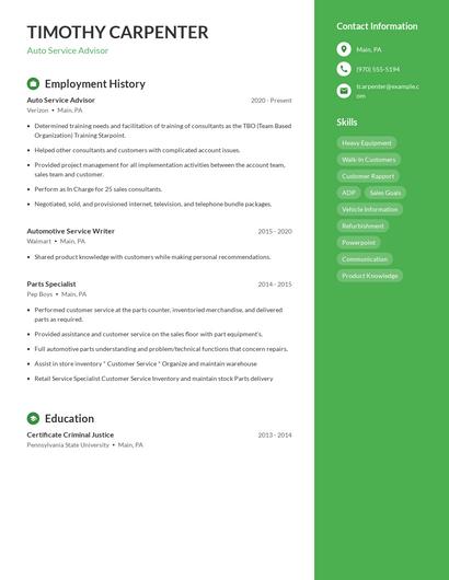 Auto Service Advisor Resume