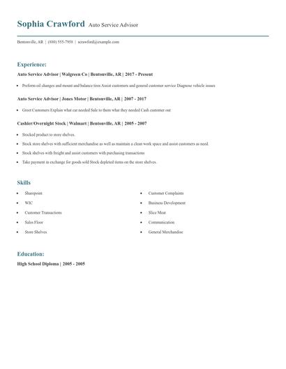 Auto Service Advisor Resume