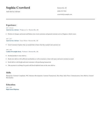 Auto Service Advisor Resume