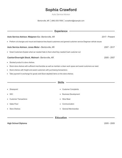 Auto Service Advisor Resume