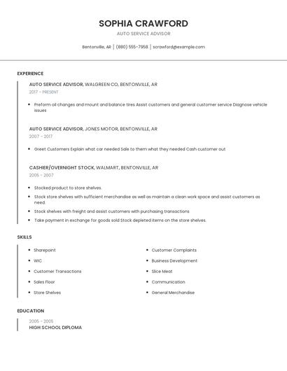 Auto Service Advisor Resume