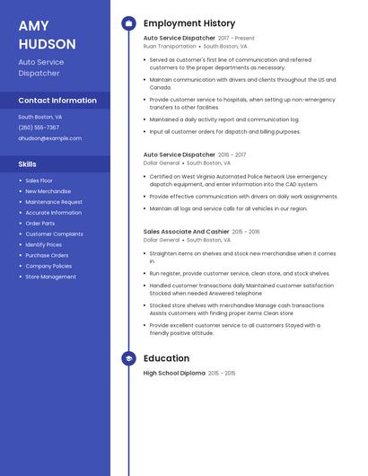 Auto Service Dispatcher Resume