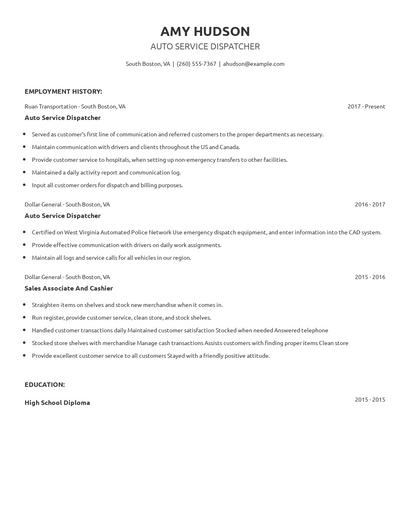 Auto Service Dispatcher Resume