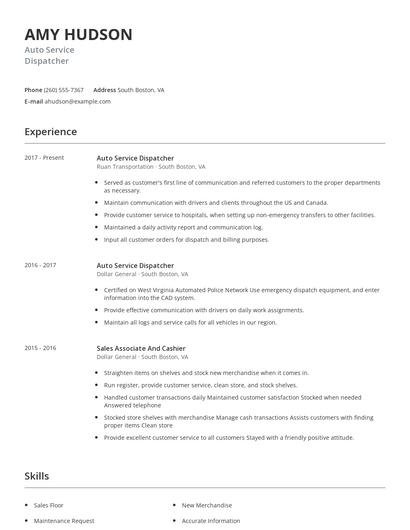 Auto Service Dispatcher Resume