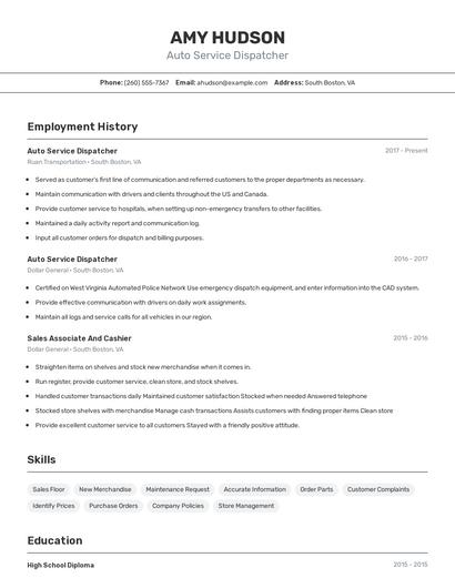 Auto Service Dispatcher Resume