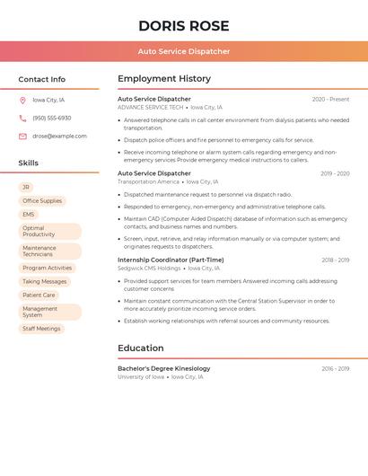 Auto Service Dispatcher Resume