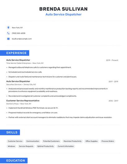 Auto Service Dispatcher Resume