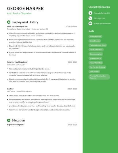 Auto Service Dispatcher Resume