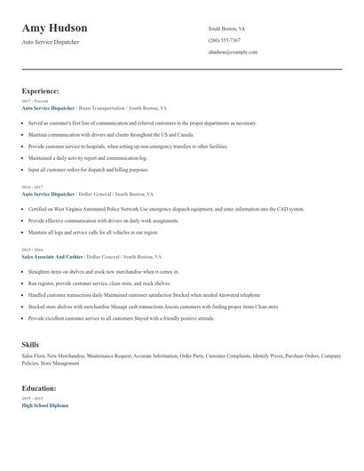 Auto Service Dispatcher Resume